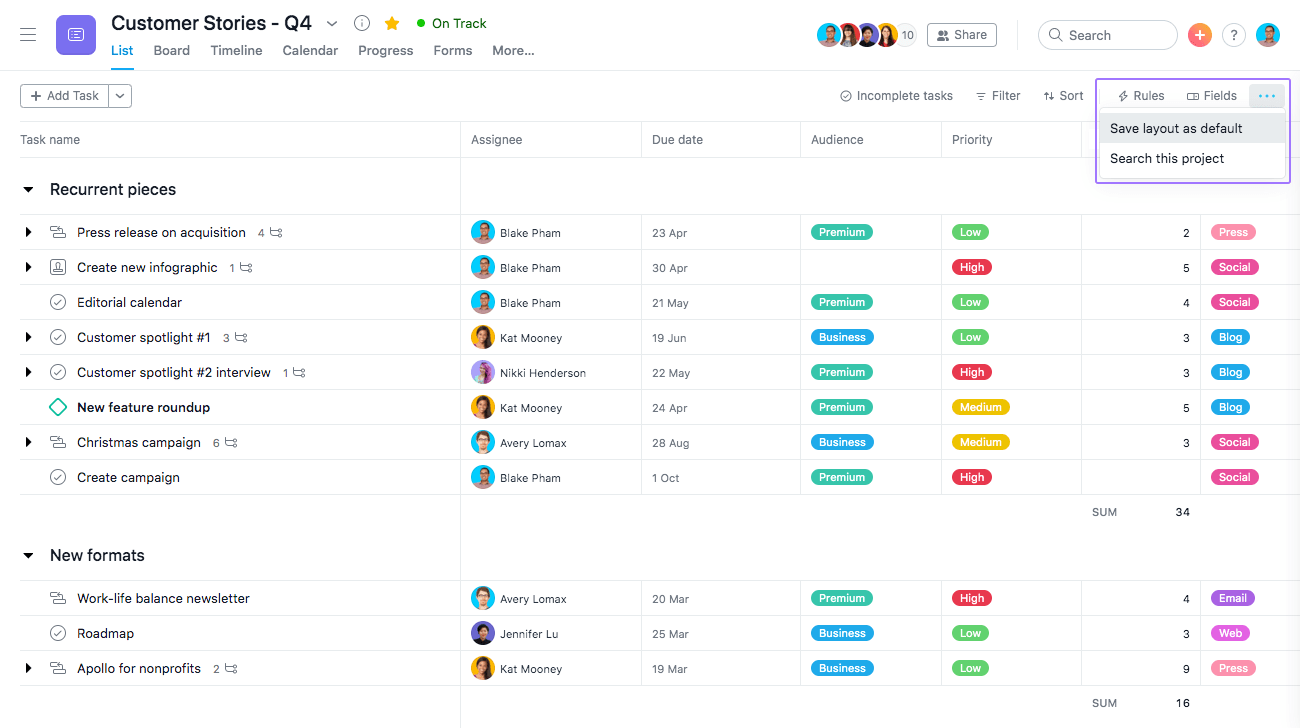 Vue en liste d'Asana