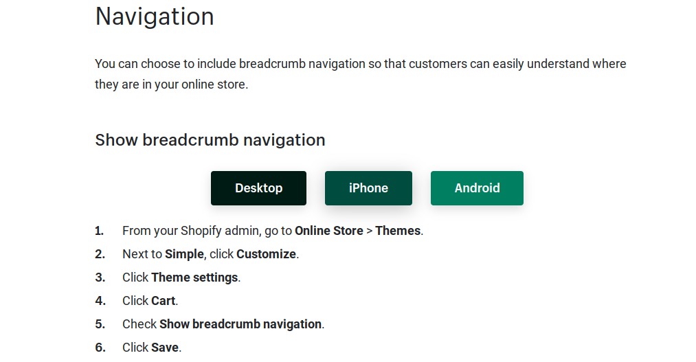 Shopifyのウェブサイトのパンくずリストを追加するための指示
